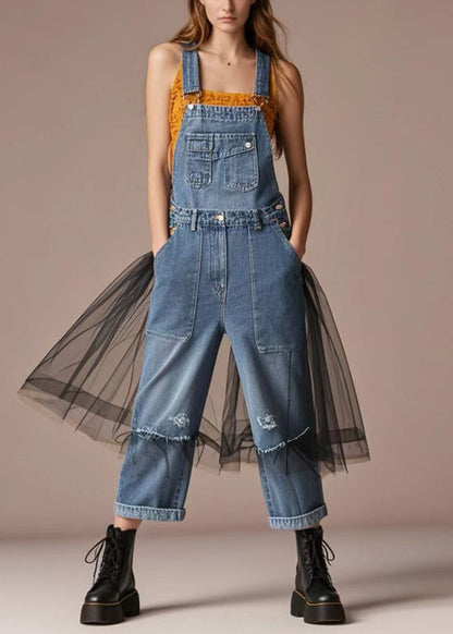 Blue Oversized Patchwork Tulle Denim Jumpsuit Summer