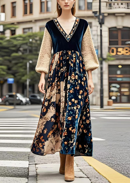 V Neck Patchwork Print Silk Velvet Maxi Dresses Spring
