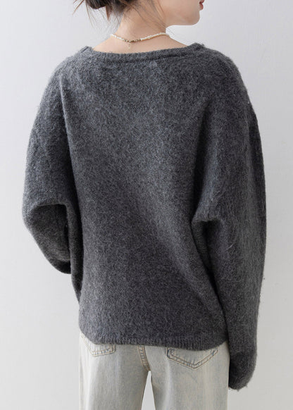 Grey O Neck Nail Bead Knit Sweater Spring