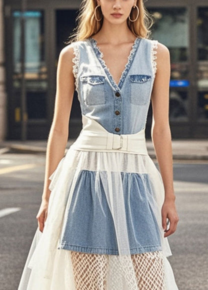 Denim Blue Ruffled Patchwork Tulle Vacation Dresses Summer