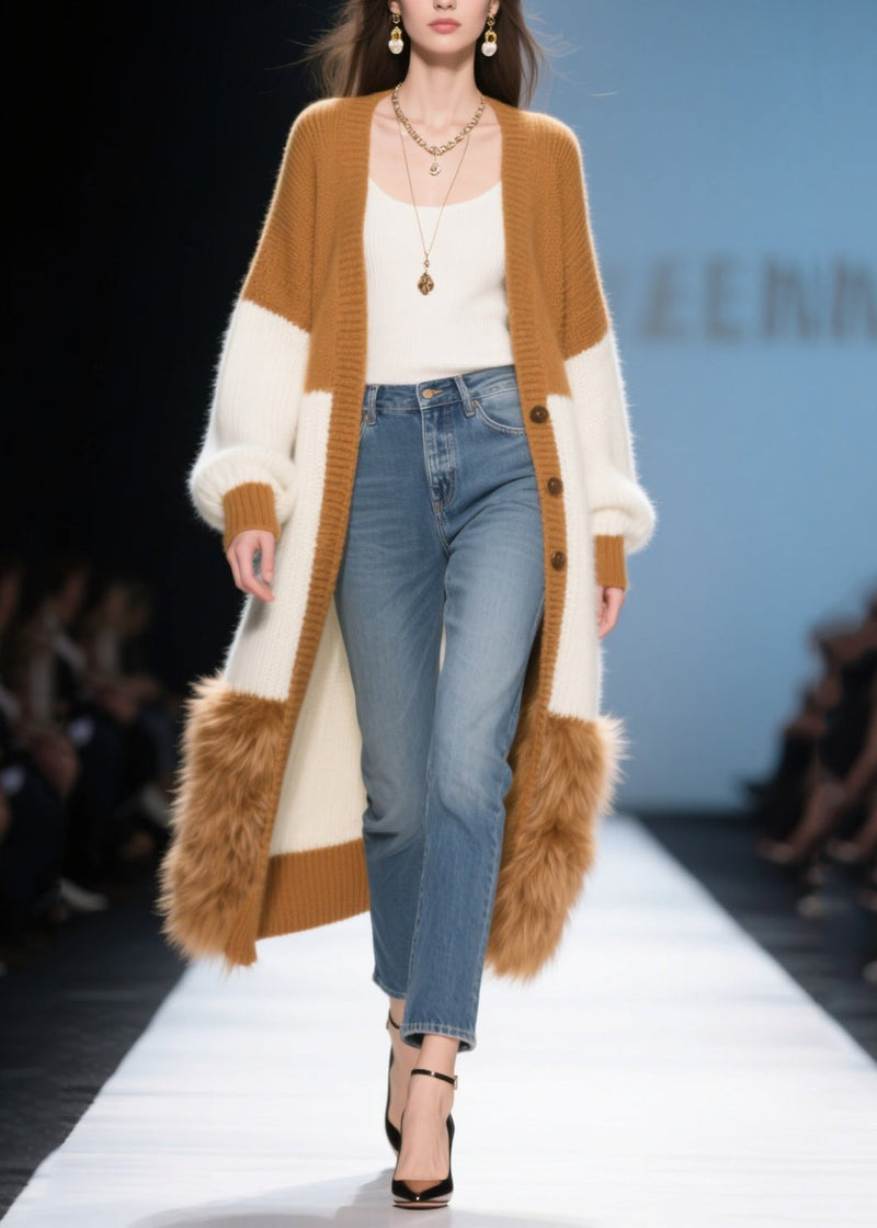 Colorblock Oversized Patchwork Faux Fur Knit Long Cardigans Winter
