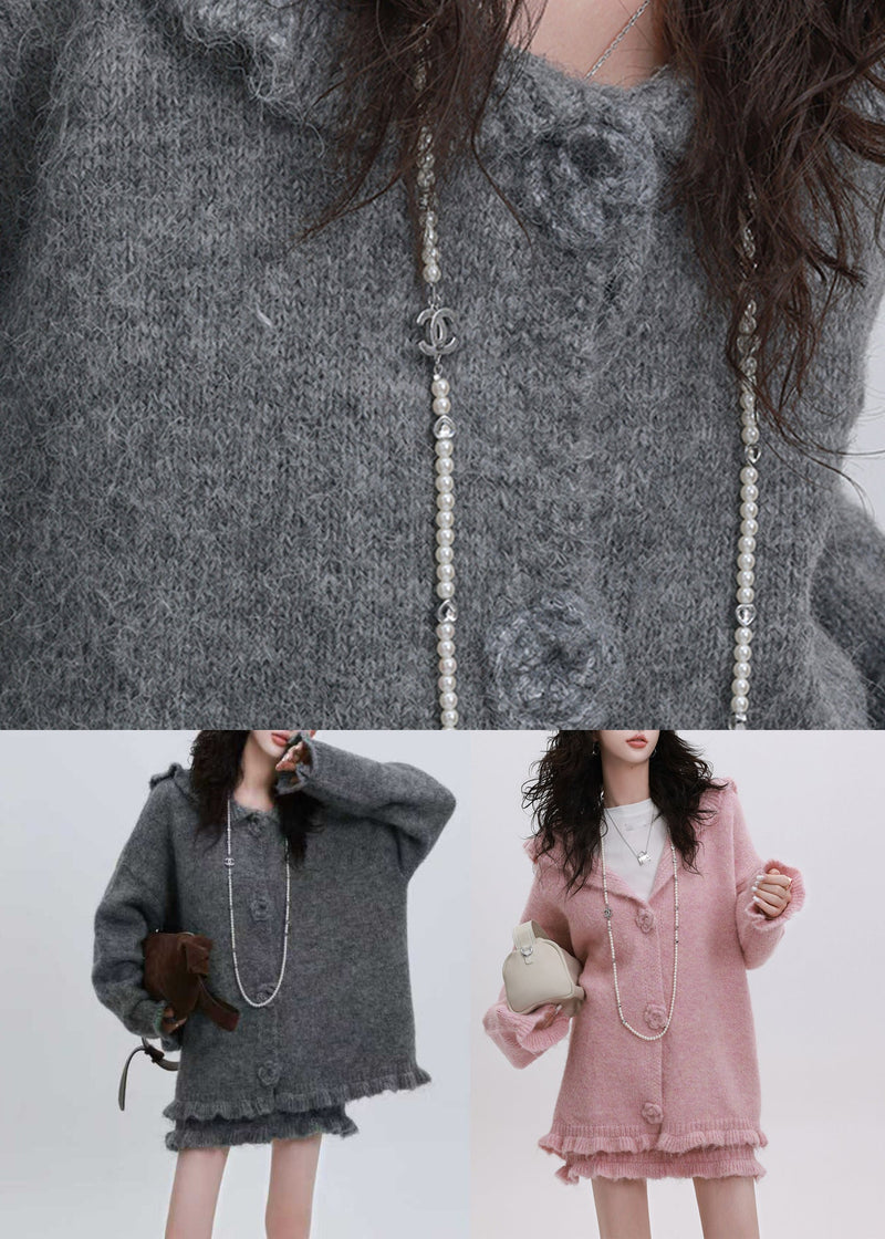 Pink Ruffled Patchwork Cotton Knit Hooded Cardigan and Skirts Two Piece Set Fall