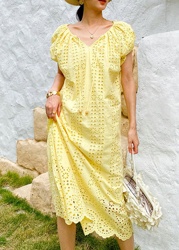 Boutique Yellow O-neck Hollow Out Knitted Cotton Long Dress Summer