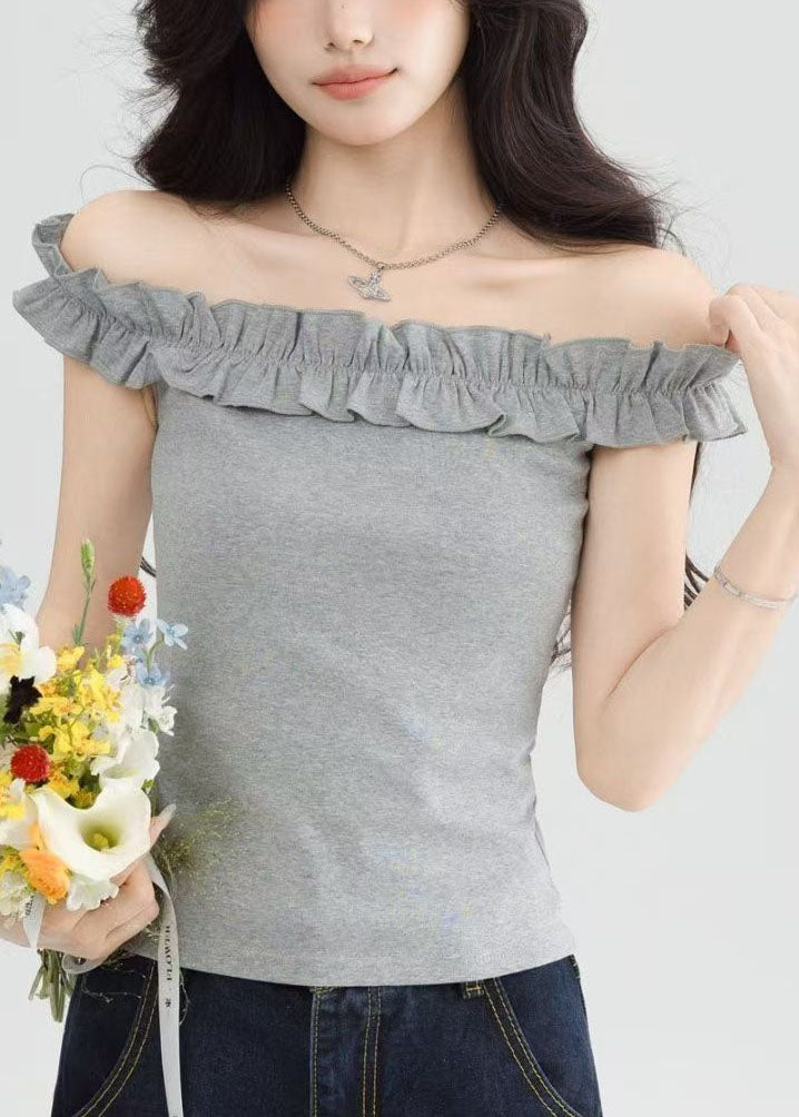 Style Grey Slash Neck Ruffled Short Sleeve Yoga Tops