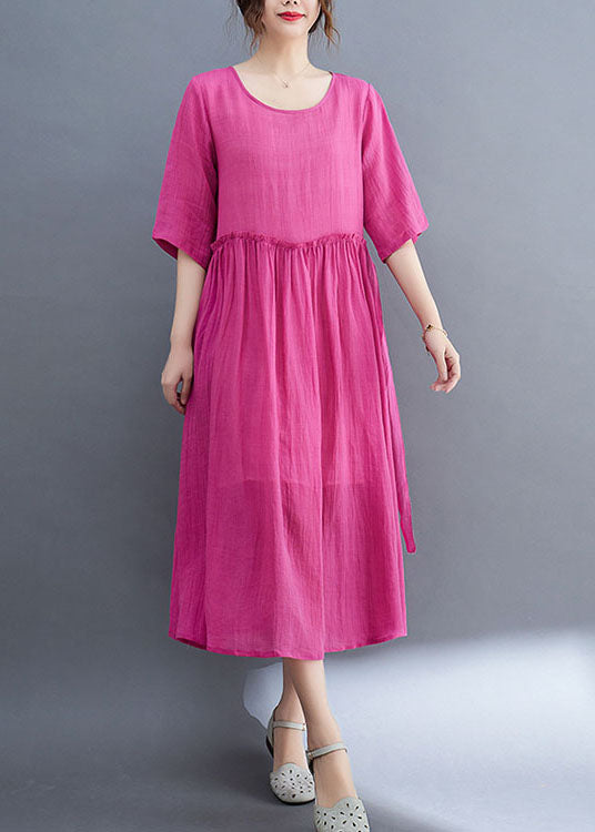 Rose O-neck Ruffled Exra Large Hem Color Linen Holiday Dress Half Sleeve