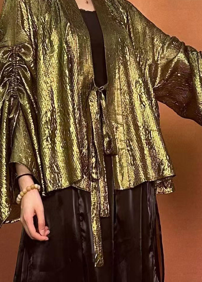 Loose Green U Neck Drawstring Shirts Flare Sleeve