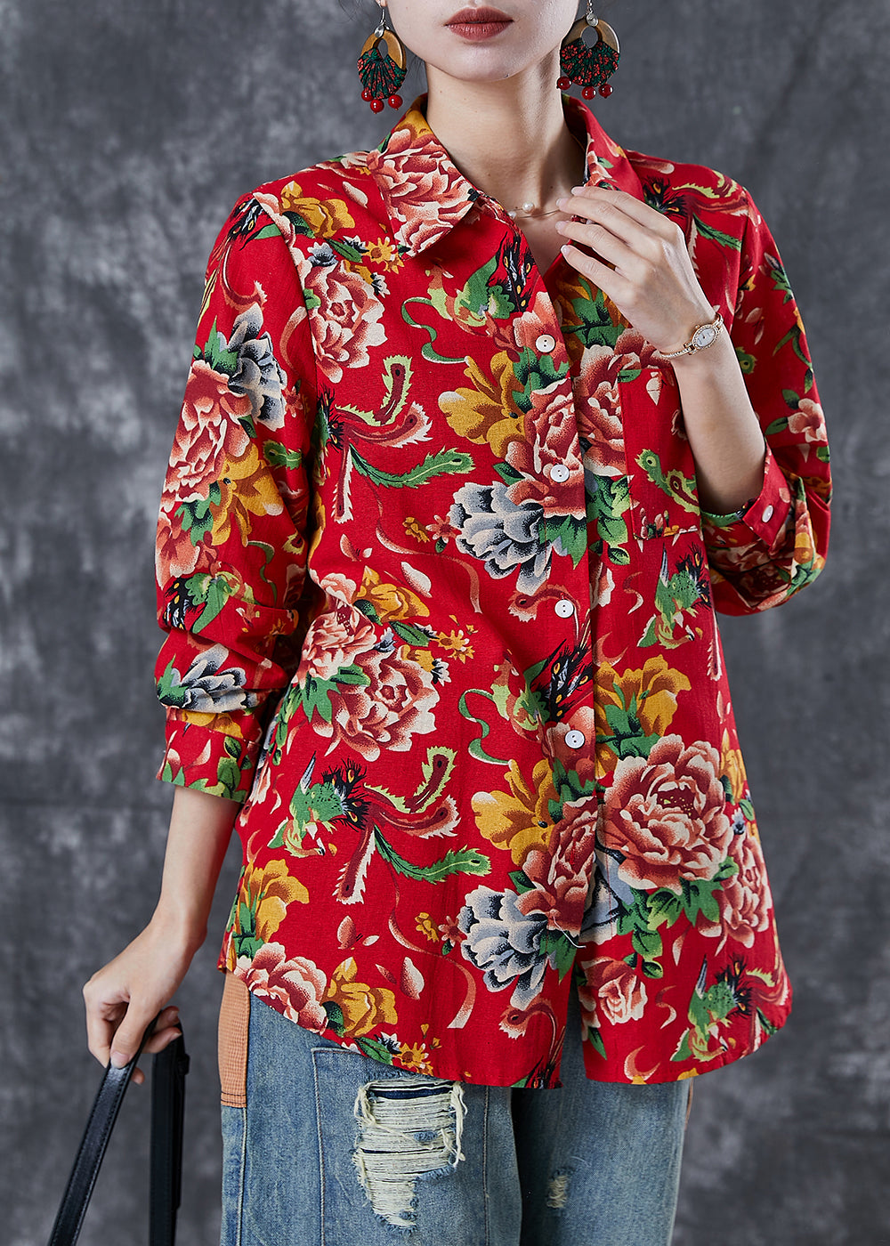 Diy Red Oversized Print Cotton Blouse Top Spring