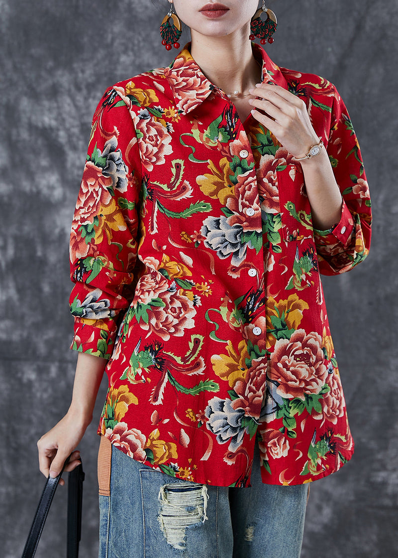 Diy Red Oversized Print Cotton Blouse Top Spring