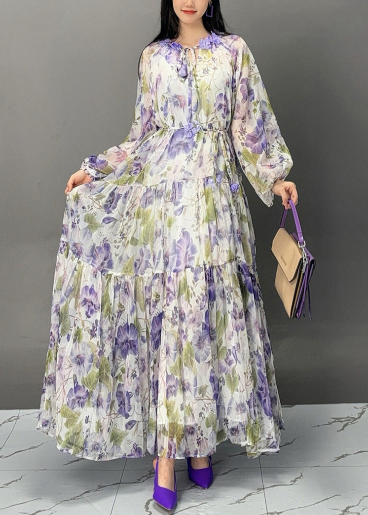 Purple Lace Up Print Chiffon Fall Long Dress