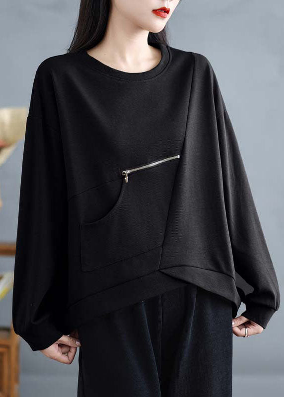 Black Pockets Patchwork Cotton Top Zip Up O-neck Spring