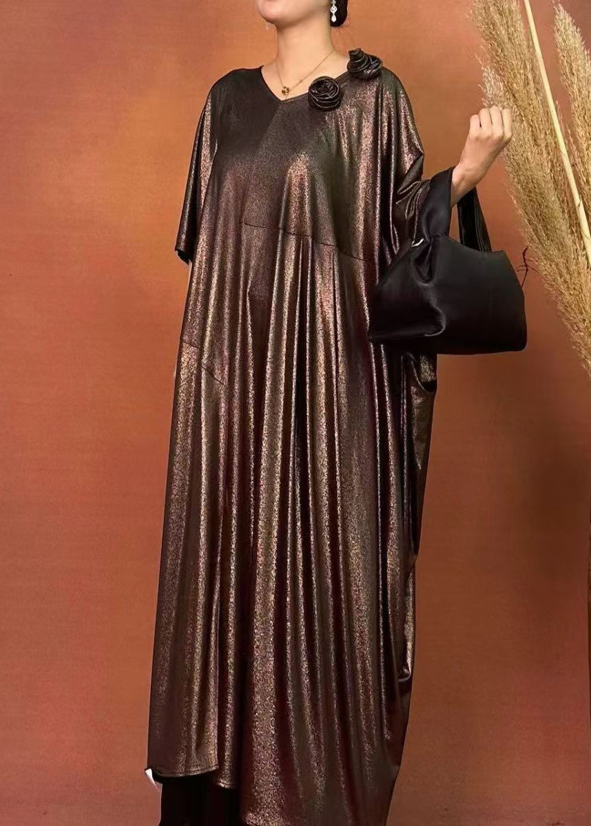 Loose Brown O-neck Patchwork Silk Maxi Dresses Spring