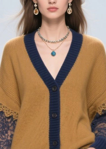 Brown Oversized Hollow Out Patchwork Lace Cardigans Fall