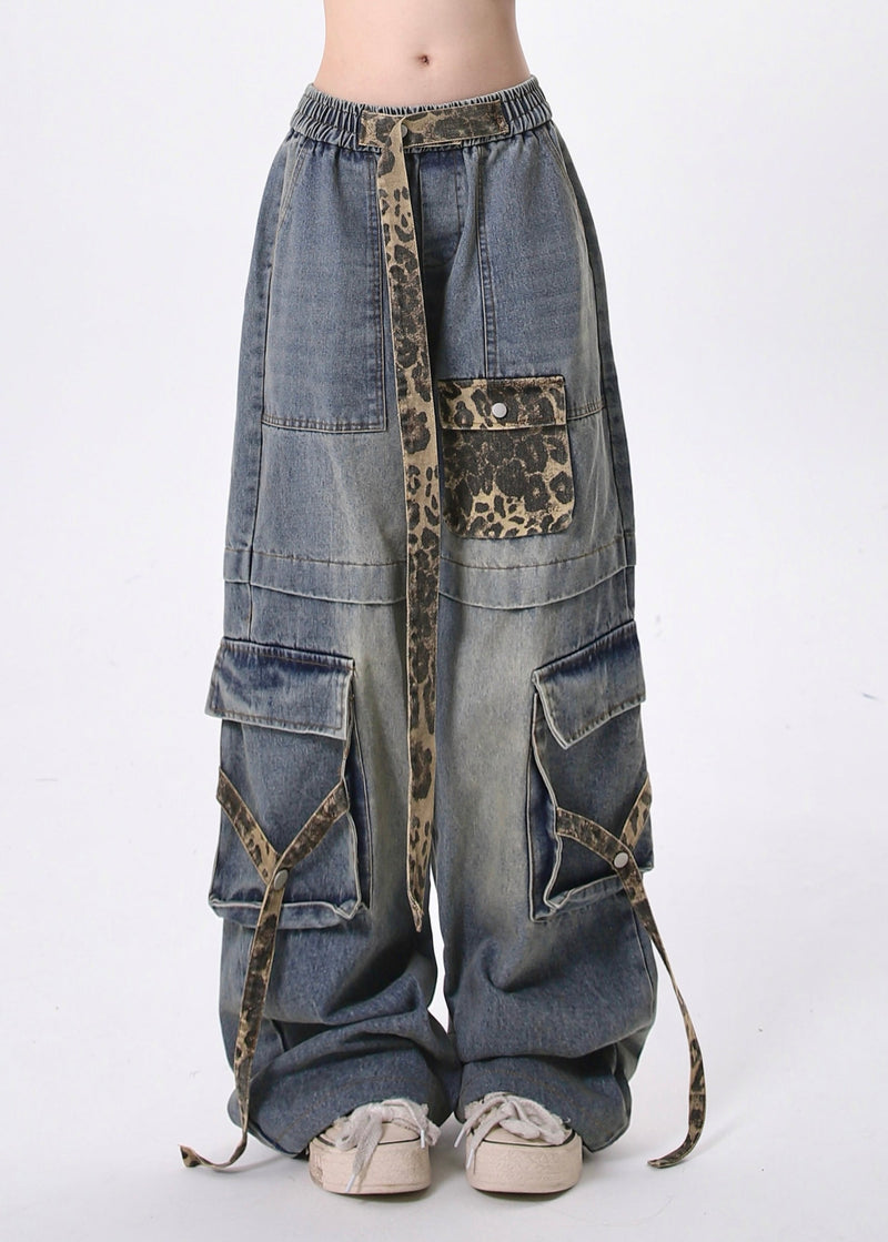 Blue Leopard Pockets Lace Up Patchwork Denim Pants Spring