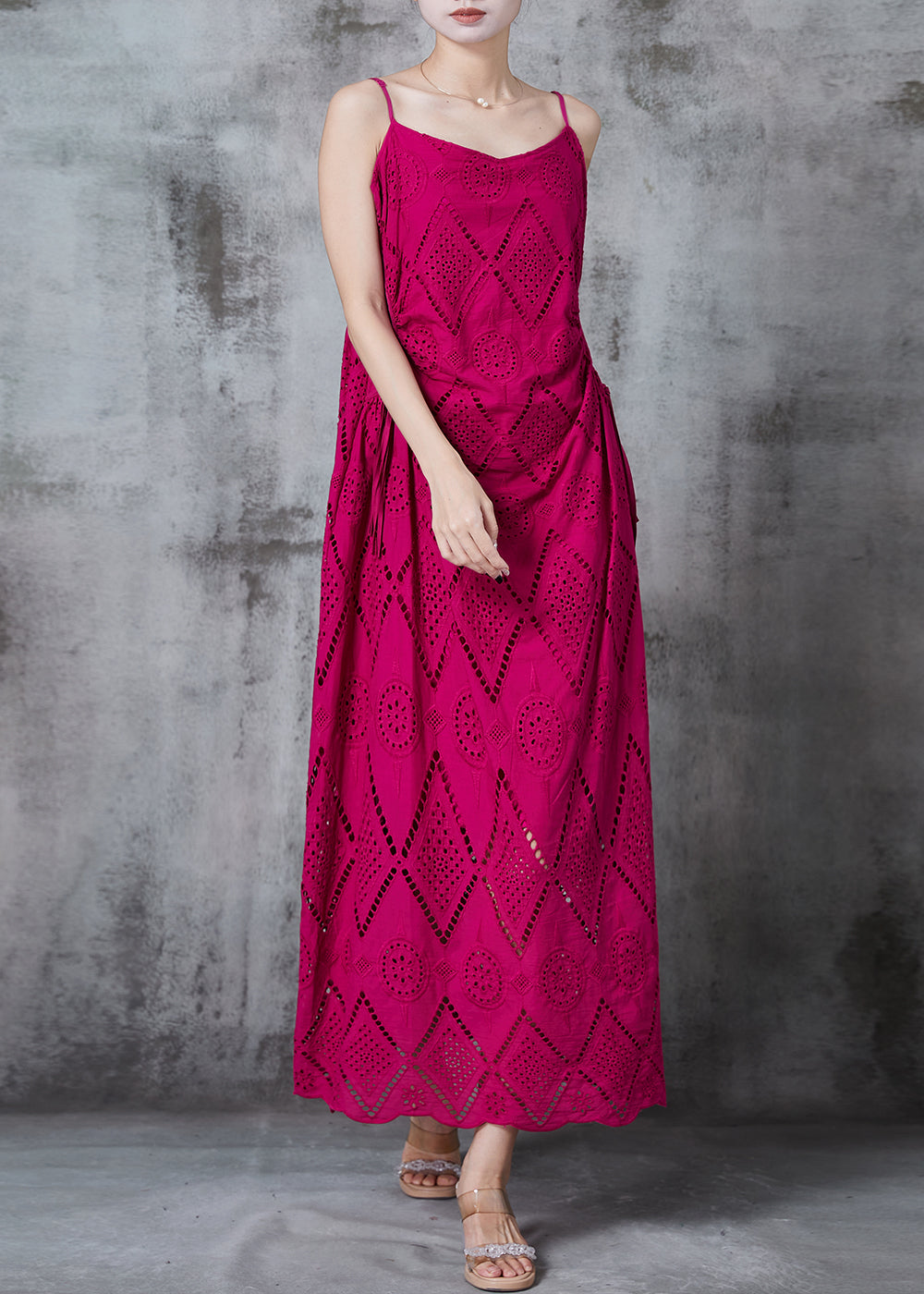Rose Hollow Out Cotton Spaghetti Strap Dress Summer
