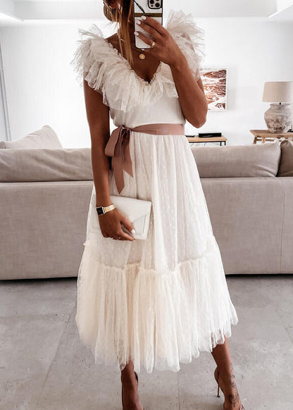 French White V Neck Ruffled Patchwork Tulle Dress Summer