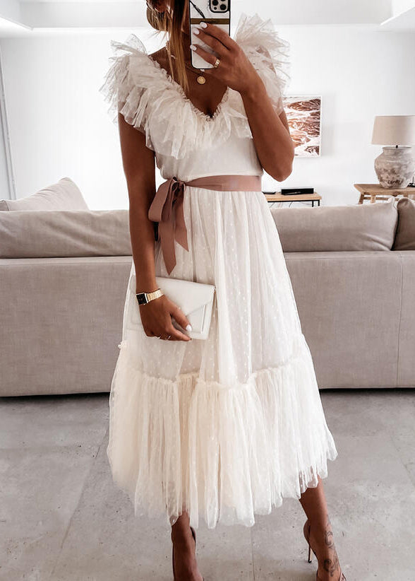French White V Neck Ruffled Patchwork Tulle Dress Summer