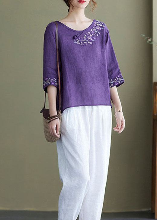 Diy Purple Embroideried Side Open Half Sleeve Top