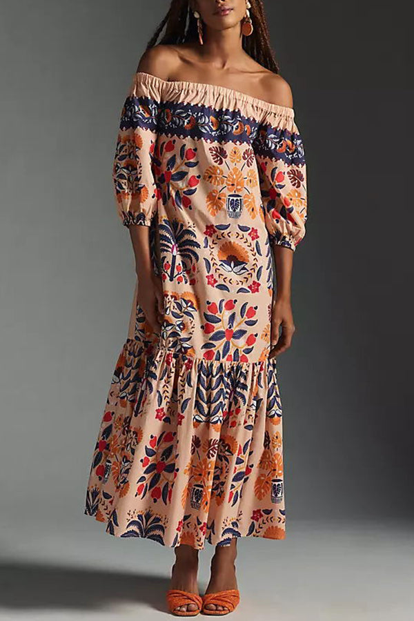 Island Lover Printed Off the Shoulder Pocketed Flowy Midi Dress