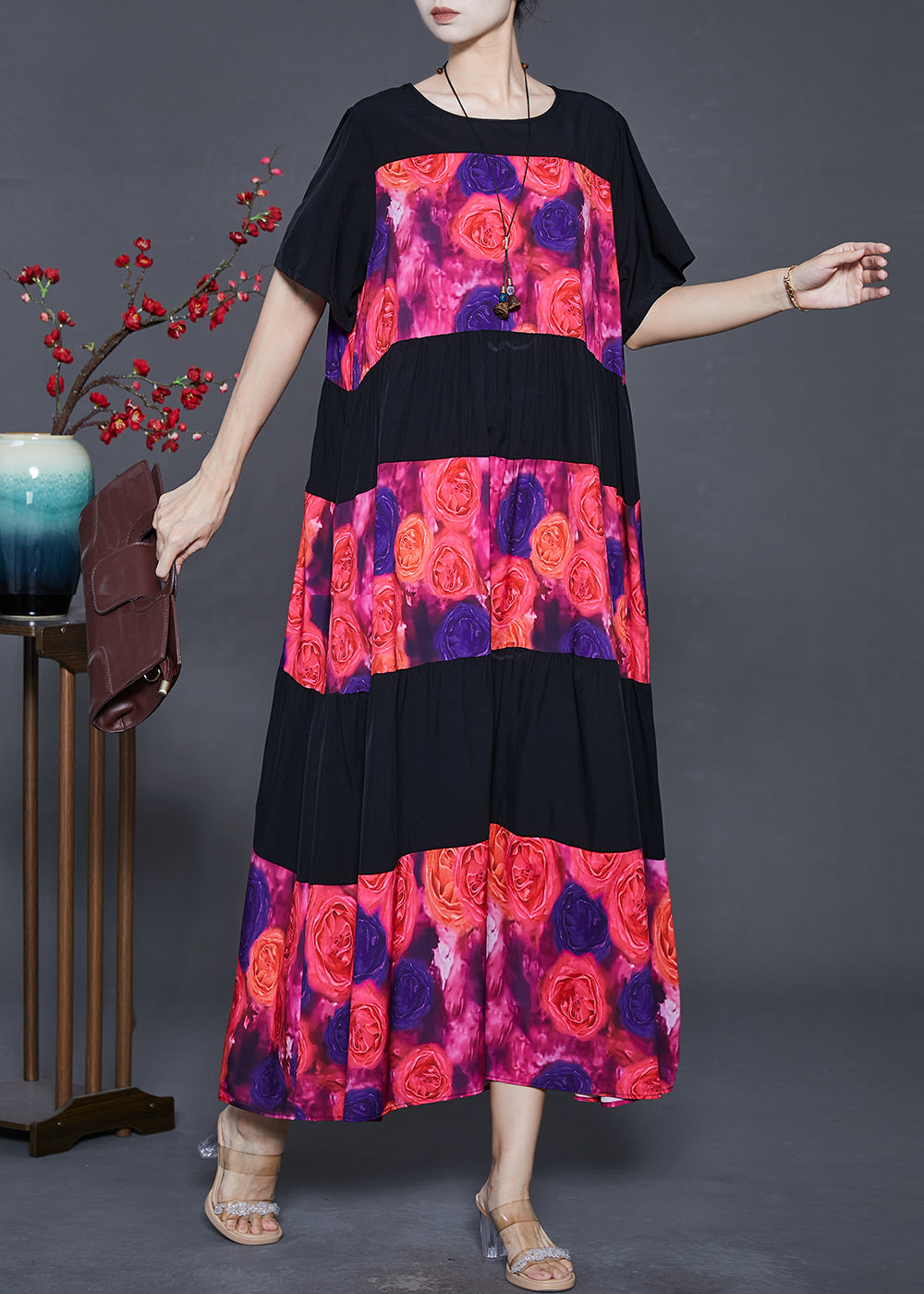Black Oversized Patchwork Chiffon Maxi Dress Summer