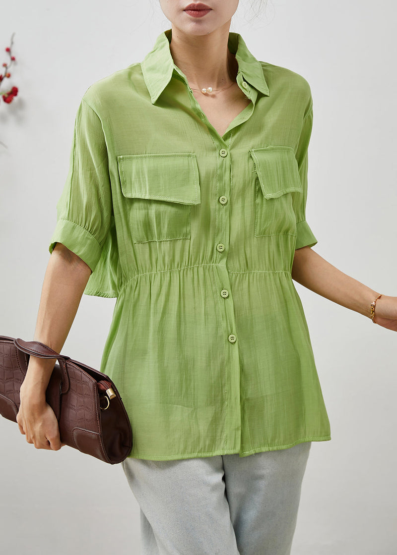 Green Cinched Silm Fit Cotton Blouse Top Summer