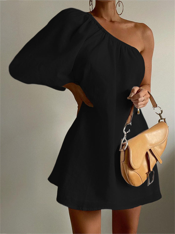 Loose Thin Sloping Shoulder Bubble Sleeve Cotton Linen Irregular Dresses