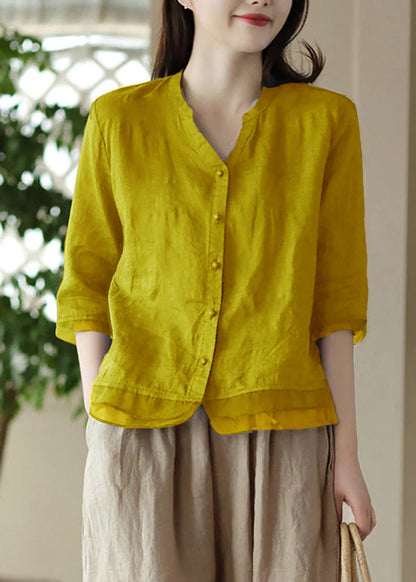 Blue V Neck Embroidered Ramie Shirt Half Sleeve