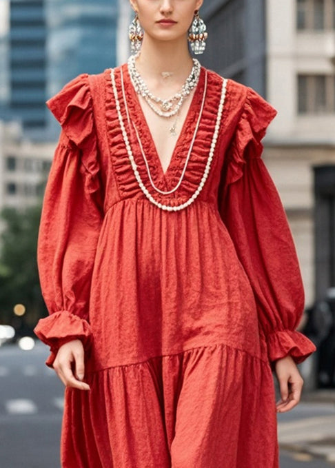 Red Oversized Ruffles Cotton Maxi Dresses Fall