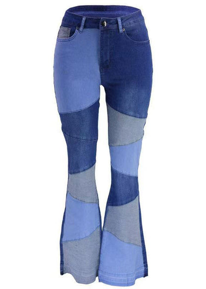 Unique Denim Blue High Waist Patchwork Flared Pants Summer