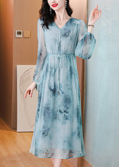 Blue V Neck Print Drawstring Silk Dress Lantern Sleeve