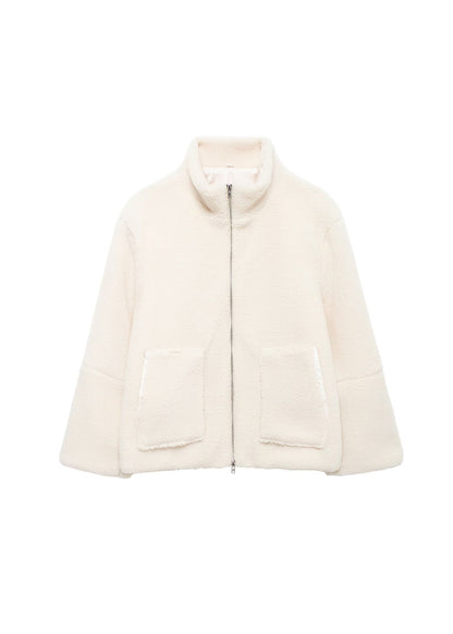 Style Khaki Zip Up Pockets Faux Fur Coat Outwear Winter