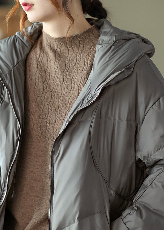 Street Grey Hooded Zippered Pockets Thick Winter Down Coats