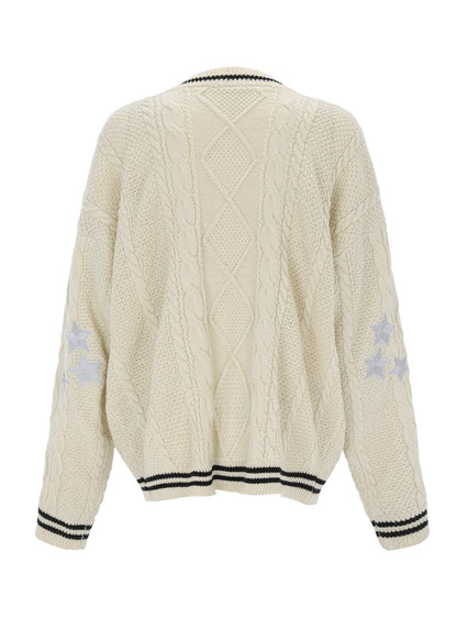 White V Neck Embroidered Knit Cardigan Fall