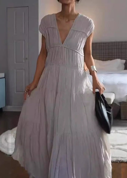 New Grey V Neck Wrinkled Cotton Long Dress Summer