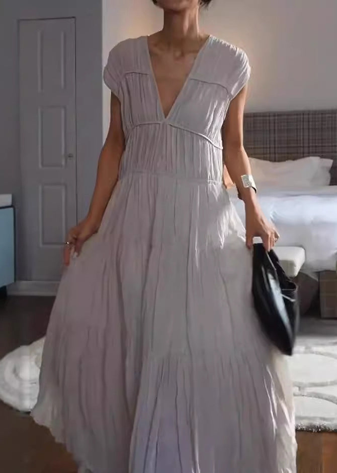 New Grey V Neck Wrinkled Cotton Long Dress Summer