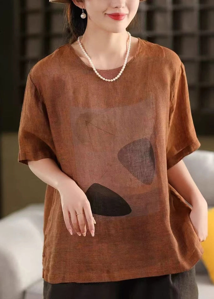 Blue O Neck Print Linen T Shirts Summer