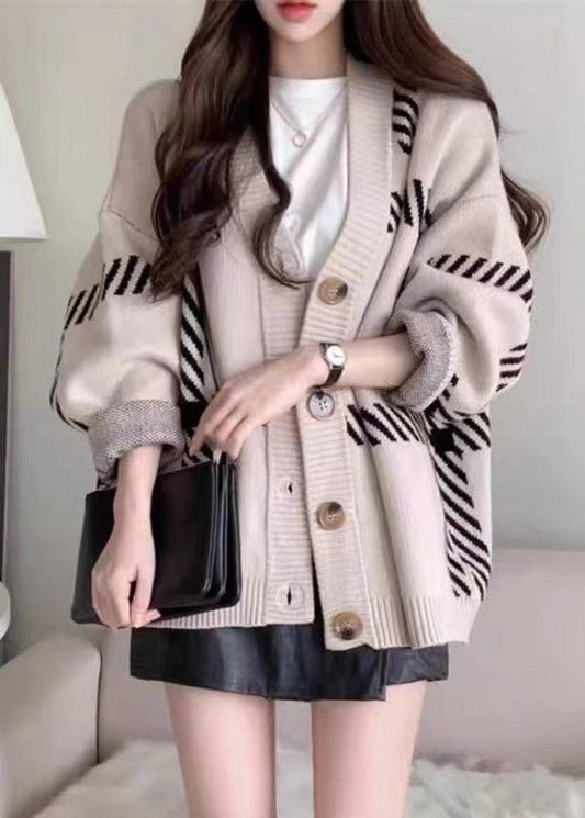 Khaki V Neck Striped Button Knit Cardigan Fall