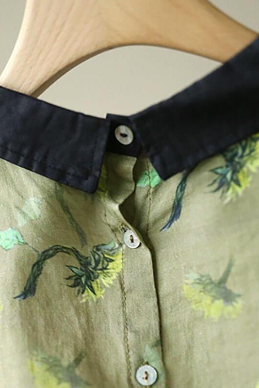 Cotton Linen Breasted Print T-shirt