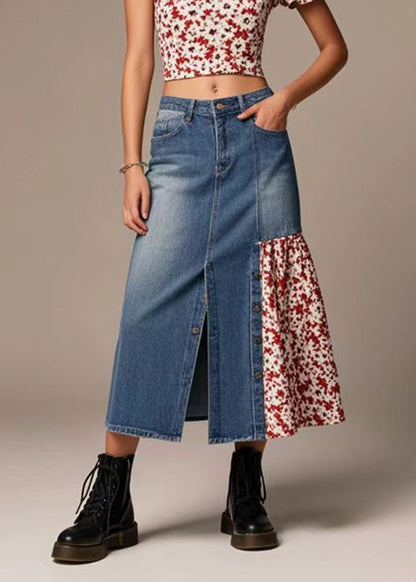 Silm Fit Navy Side Open Patchwork Denim Skirts Spring