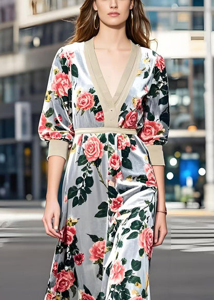 Light Grey Cinched Silk Velvet Maxi Dress Spring