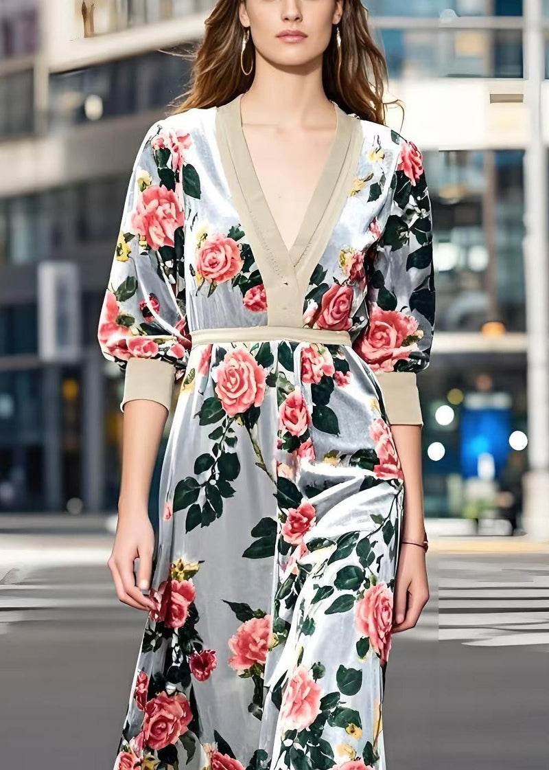 Light Grey Cinched Silk Velvet Maxi Dress Spring