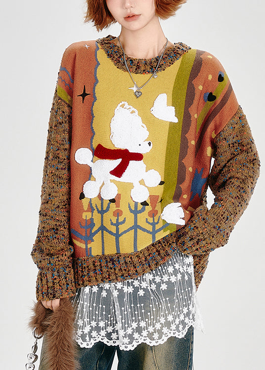Brown Oversized Patchwork Thick Knit Sweater Winter