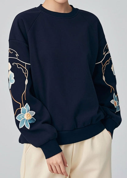Navy O Neck Print Warm Fleece Sweatshirts Winter