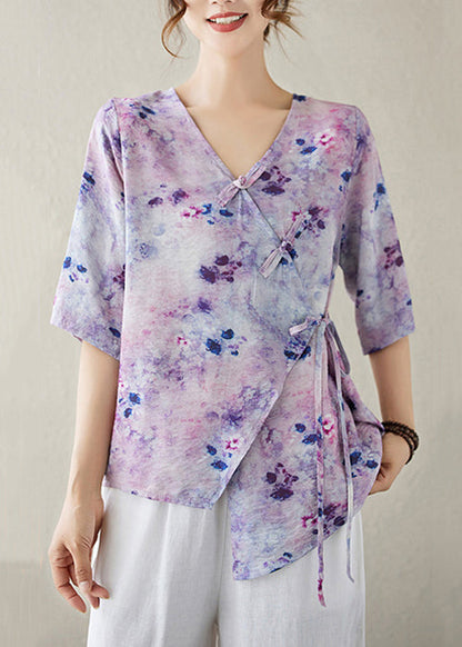Stylish Purple V Neck Print Lace Up Cotton Shirt Half Sleeve