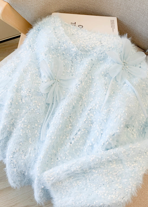 Sky Blue Decorated Sweaters Oversized Nail Bead Winter