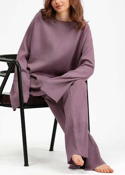 Purple O Neck Side Open Knit Two Pieces Set Flare Sleeve