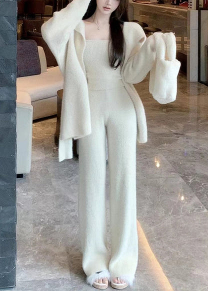 Classy Beige Tie Waist Coat Tank and Pants Knit Three Pieces Set Winter