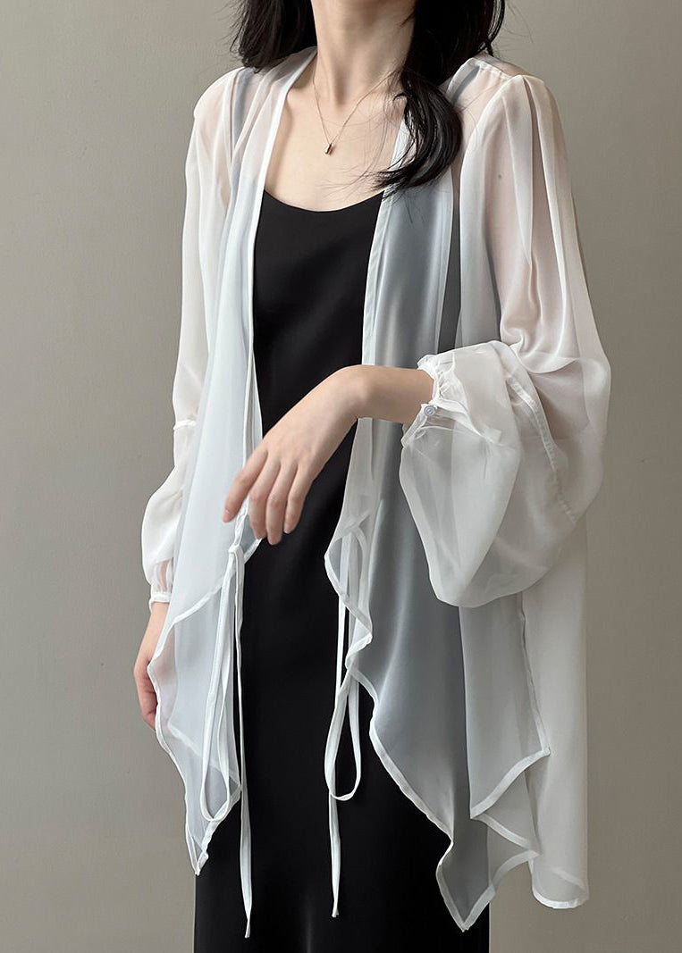 Black V Neck Tie Waist Chiffon Upf 50+ Cardigan Summer