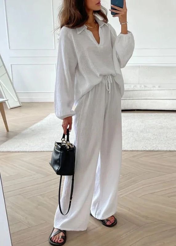 Simple White Peter Pan Collar Top and Pants Cotton Two Pieces Set Spring