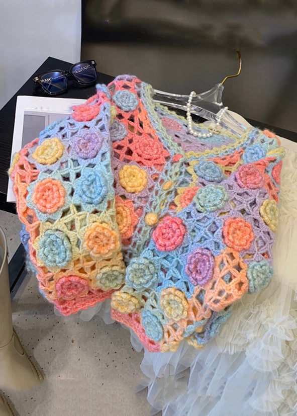 Handmade Rainbow V Neck Hollow Out Knit Cardigan Fall