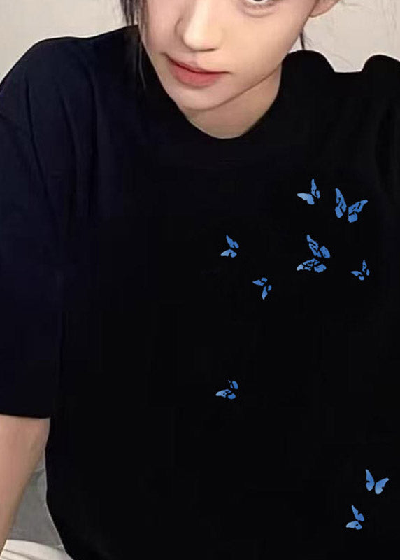 Black Butterfly Print T Shirt Summer